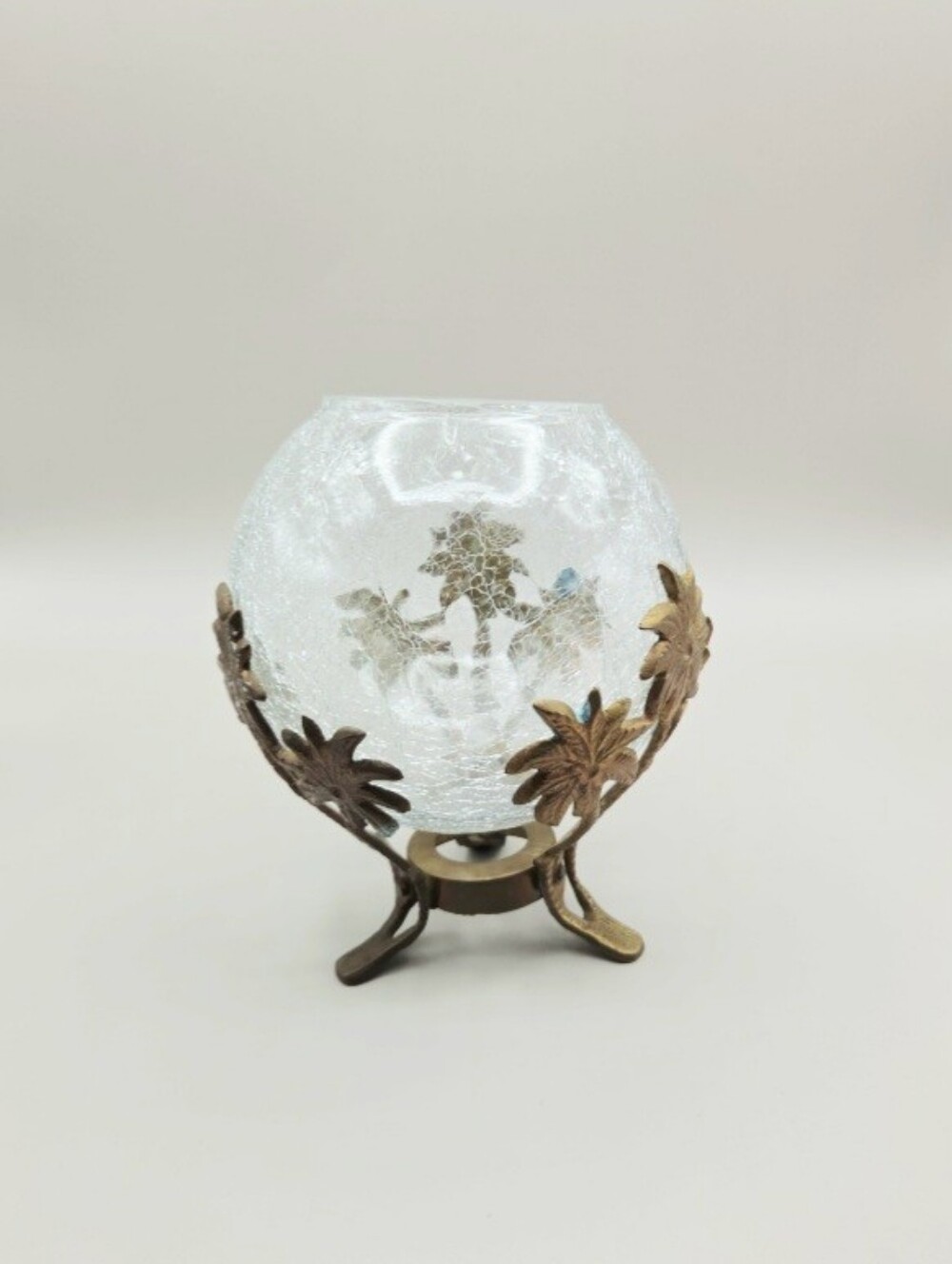 Glass Crackle Globe Candle Holder with Bronze Leaf Stand